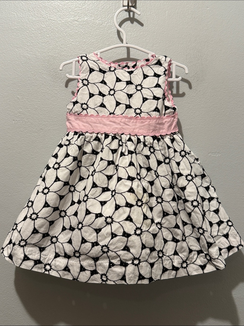 Maggie & Zoe 12 Months Black and White Floral Eyelet Dress with Pink Waistband
